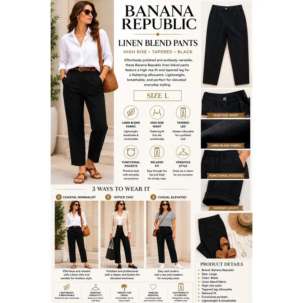 Banana Republic Linen Blend Pants Womens L Black High Rise Tapered Career